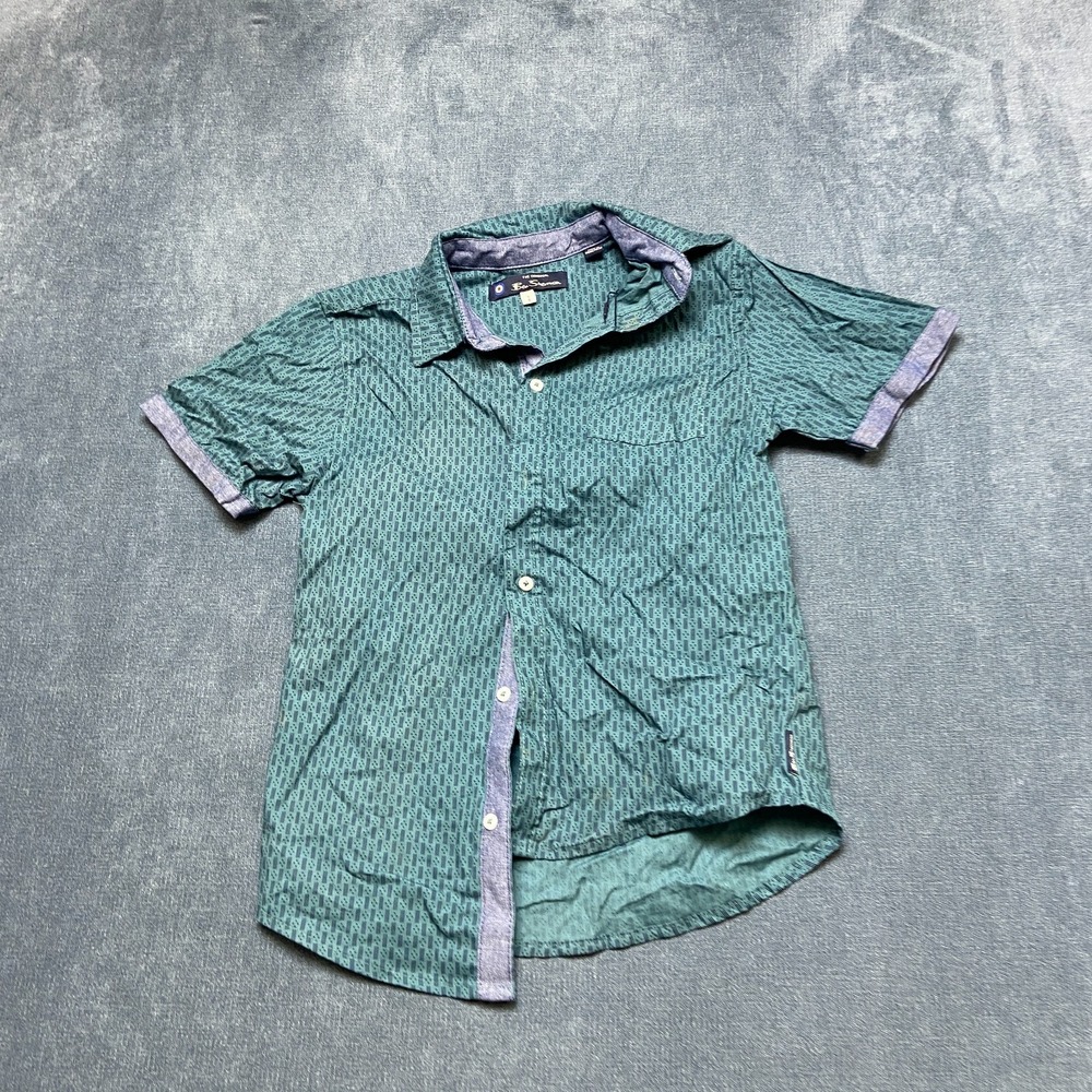 Ben Sherman Shirt Boys S 8 Teal Geometric Print Short-Sleeve Button-Up Casual